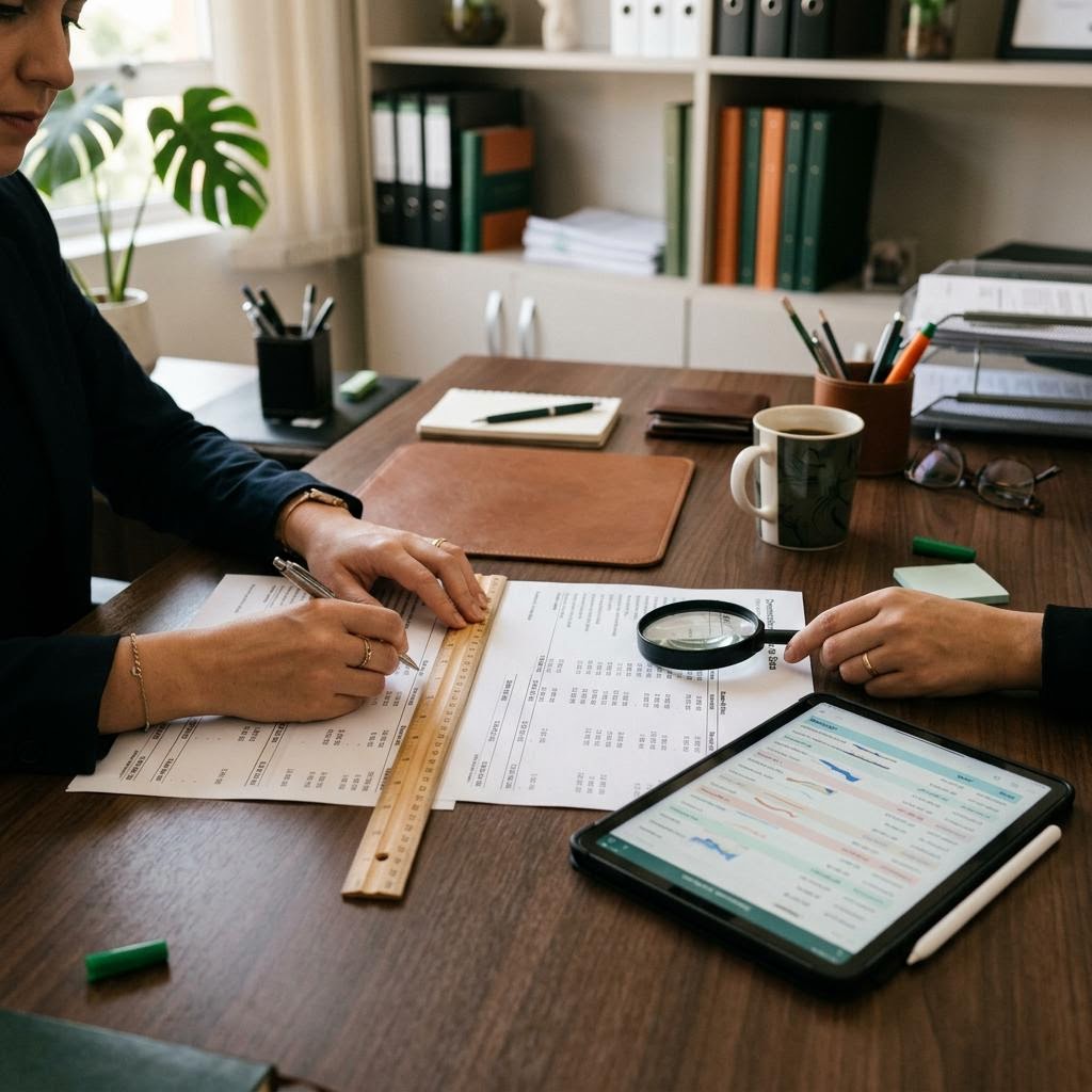 Conferência de extratos e registros financeiros com documentos de suporte