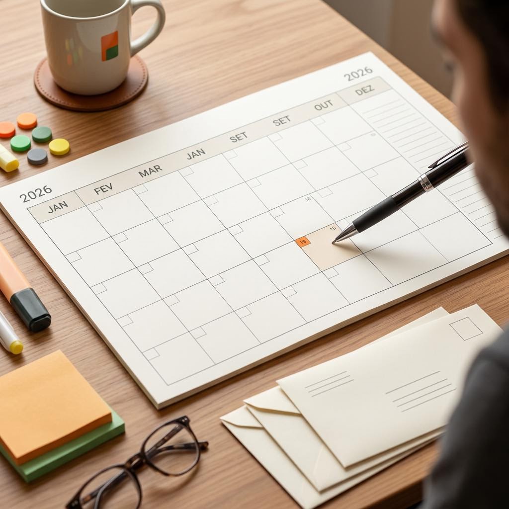Calendário com documentos fiscais e marcadores de acompanhamento