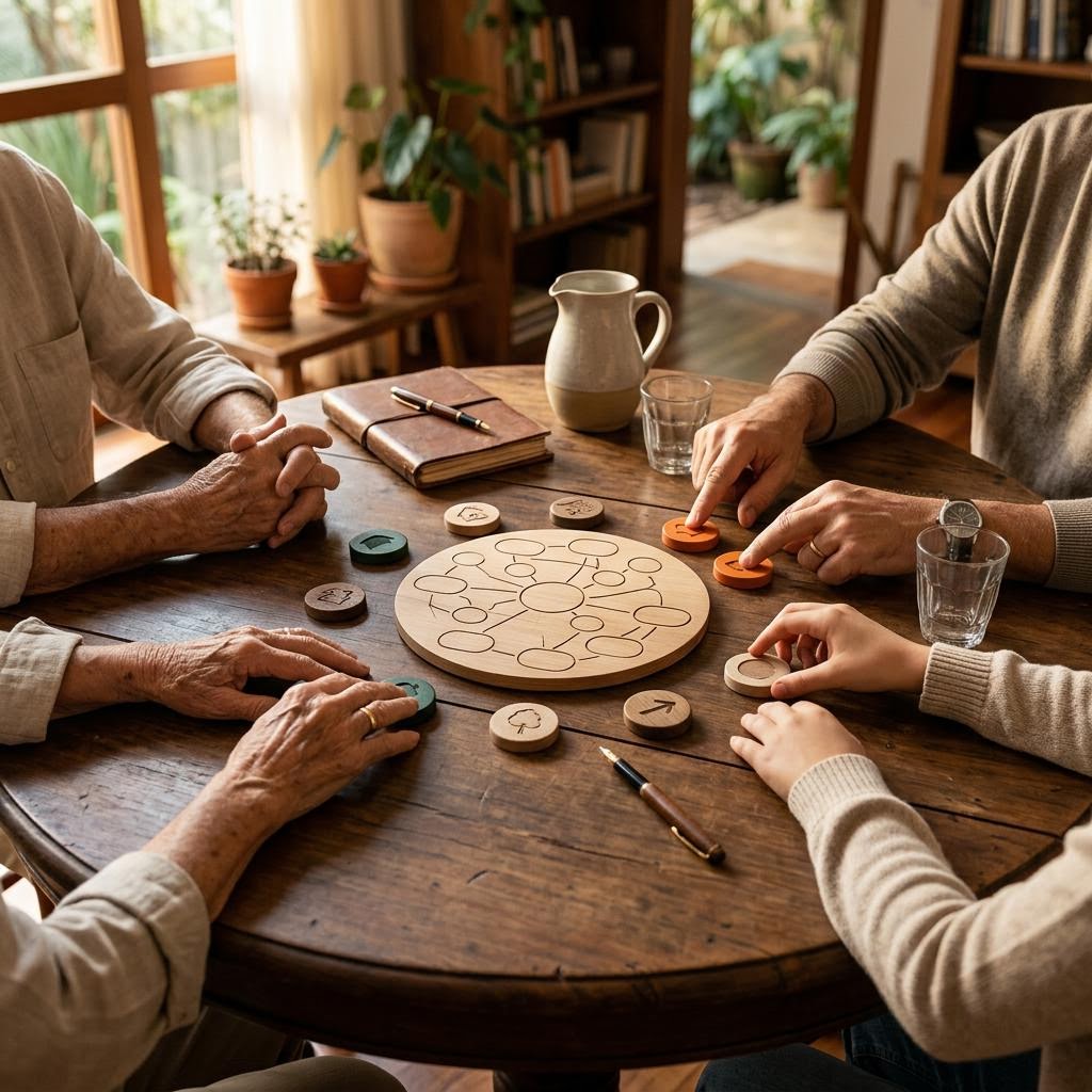 Mesa de decisões familiares com registros e responsabilidades