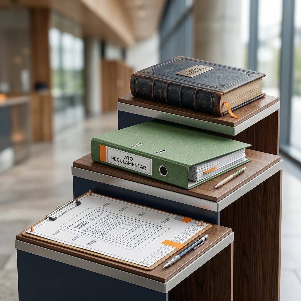 Livro de legislação, regulamento e documento técnico em camadas distintas