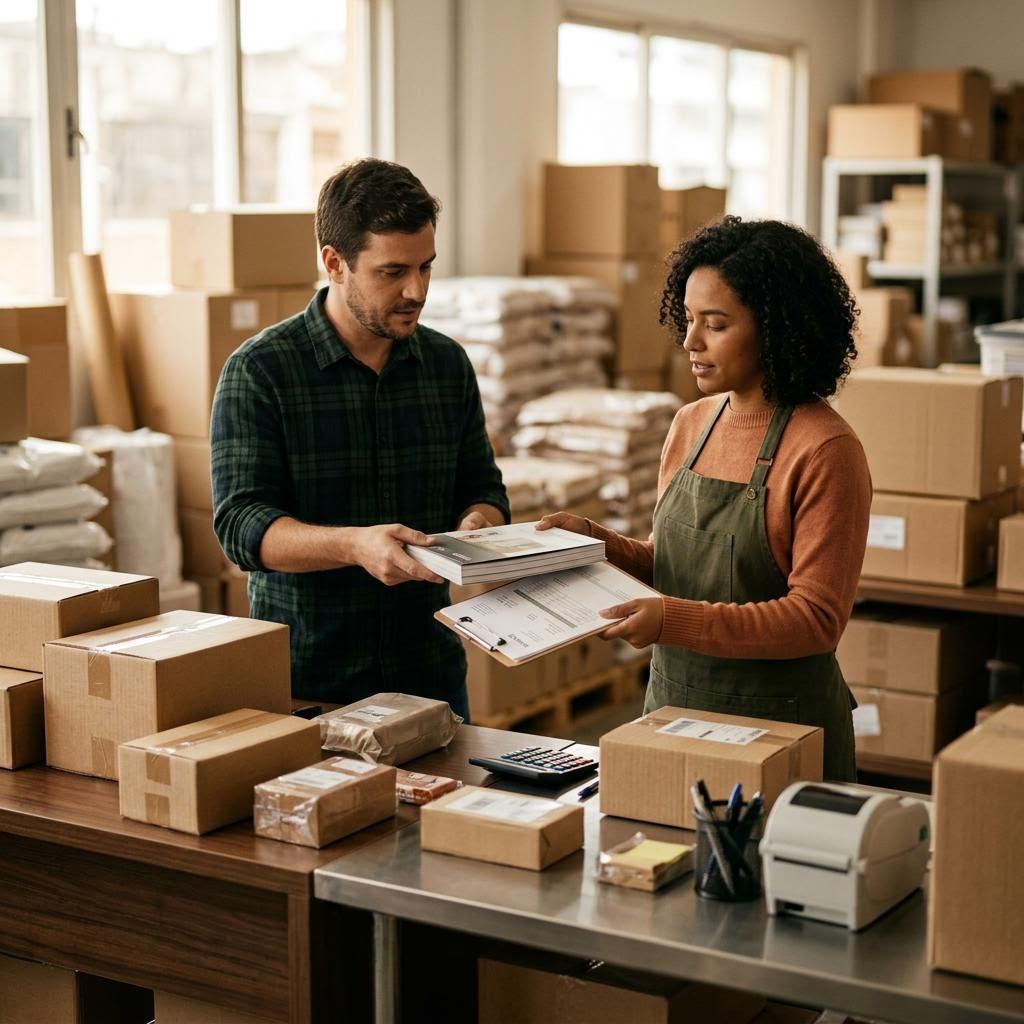 Fornecedor e comerciante conferindo documentos e dados de produtos