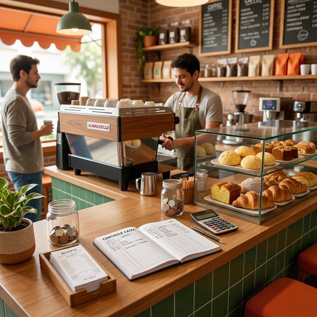 Pequena cafeteria com registros de vendas e organização contábil